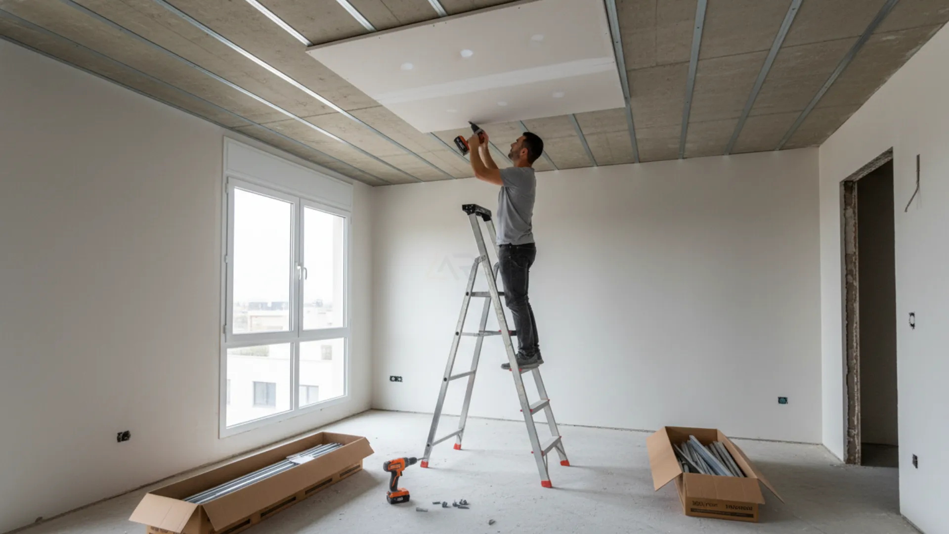 Gesseiro fixando placa de drywall ao perfil metálico no teto