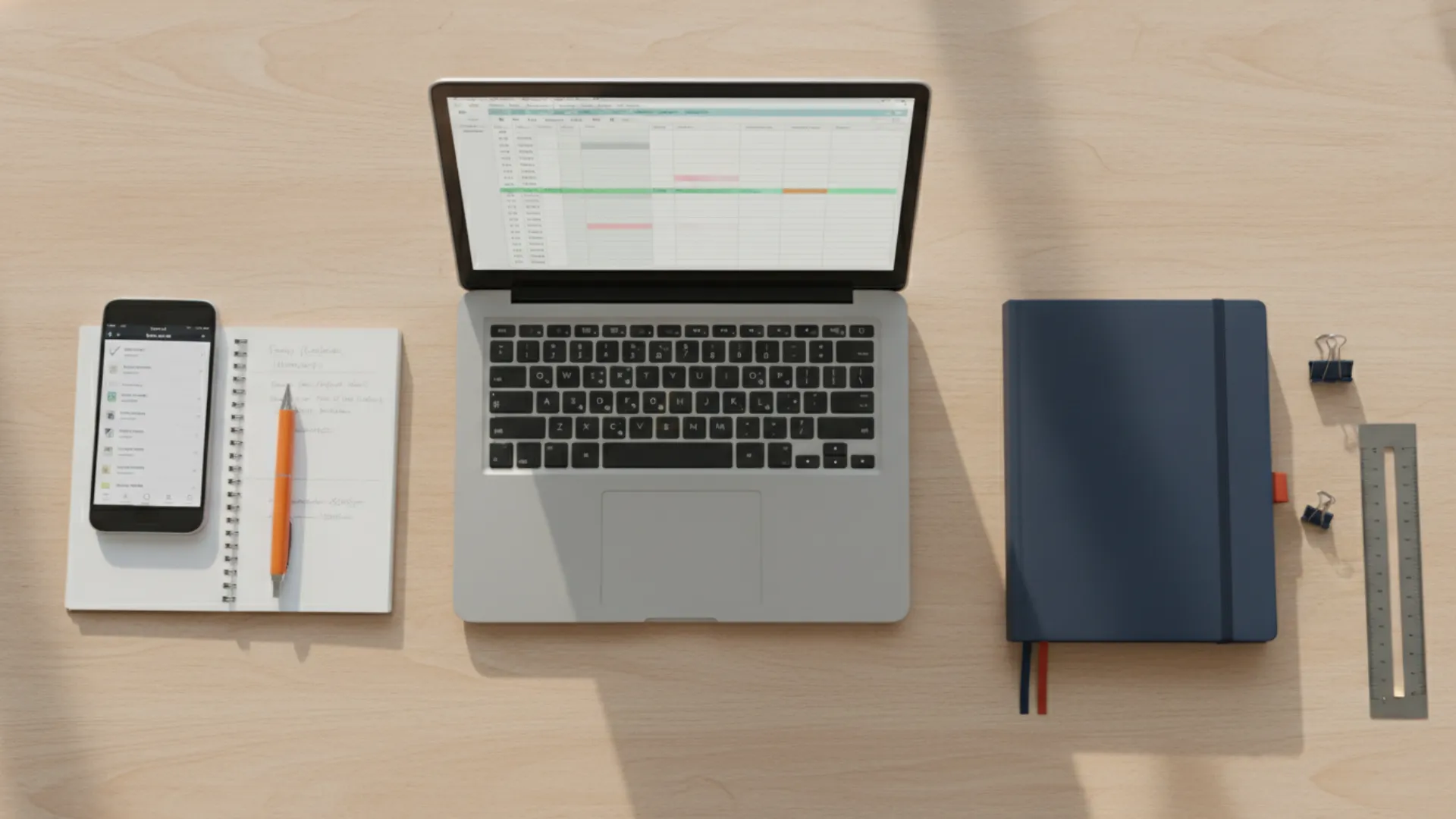 Ferramentas de gestão de reforma dispostas em mesa de home office com notebook, bloco de notas e smartphone
