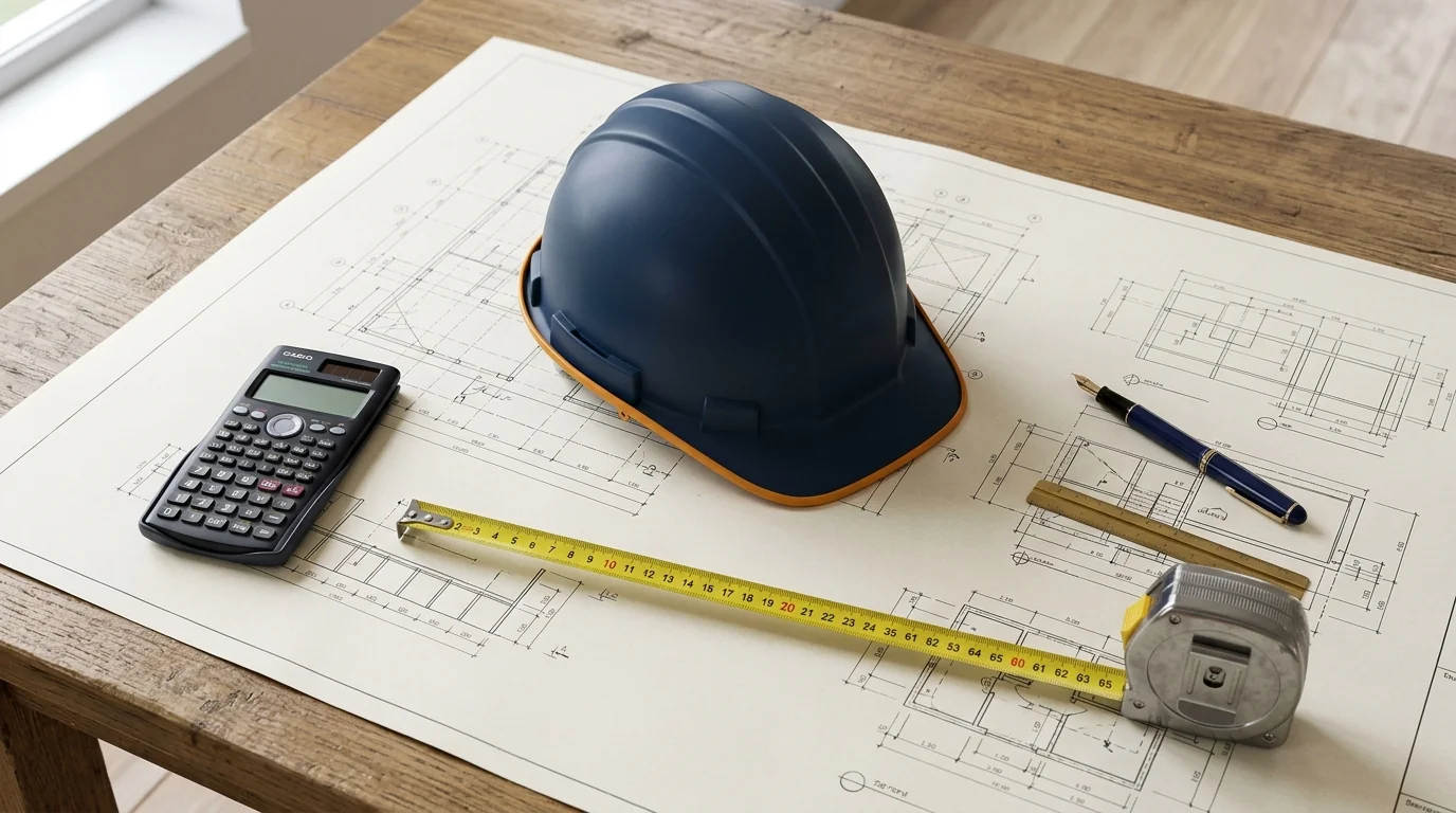 Mesa técnica de engenharia com projetos arquitetônicos e capacete de proteção