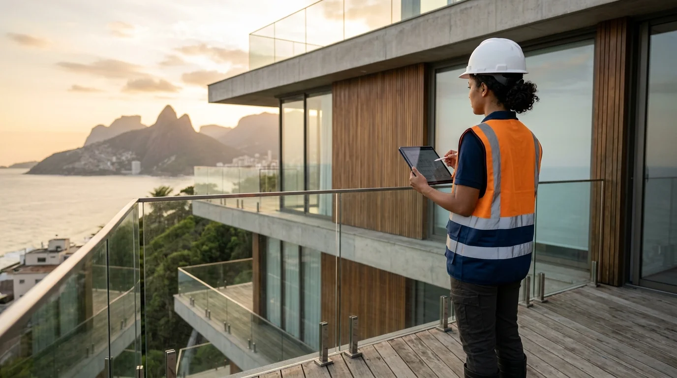 Engenheira civil em vistoria técnica de conclusão de obra residencial