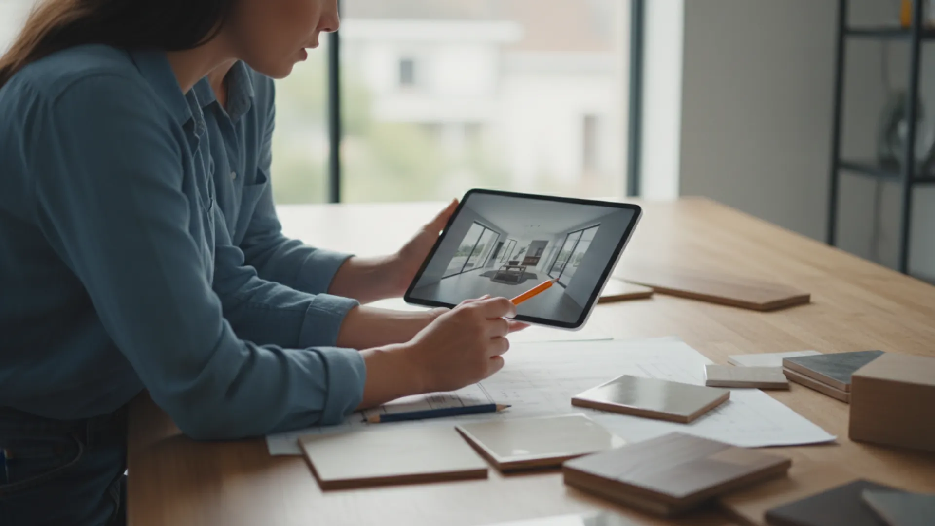 Arquiteta e cliente revisando projeto em tablet com planta baixa e amostras de materiais dispostos sobre a mesa