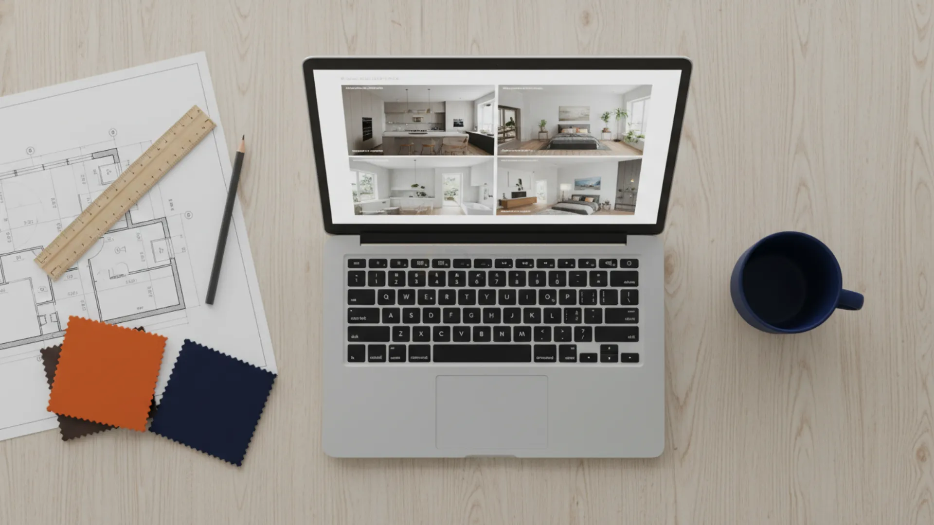 Vista aérea de mesa de trabalho com notebook exibindo grid de referências de interiores e amostras de revestimento laranja e azul-marinho