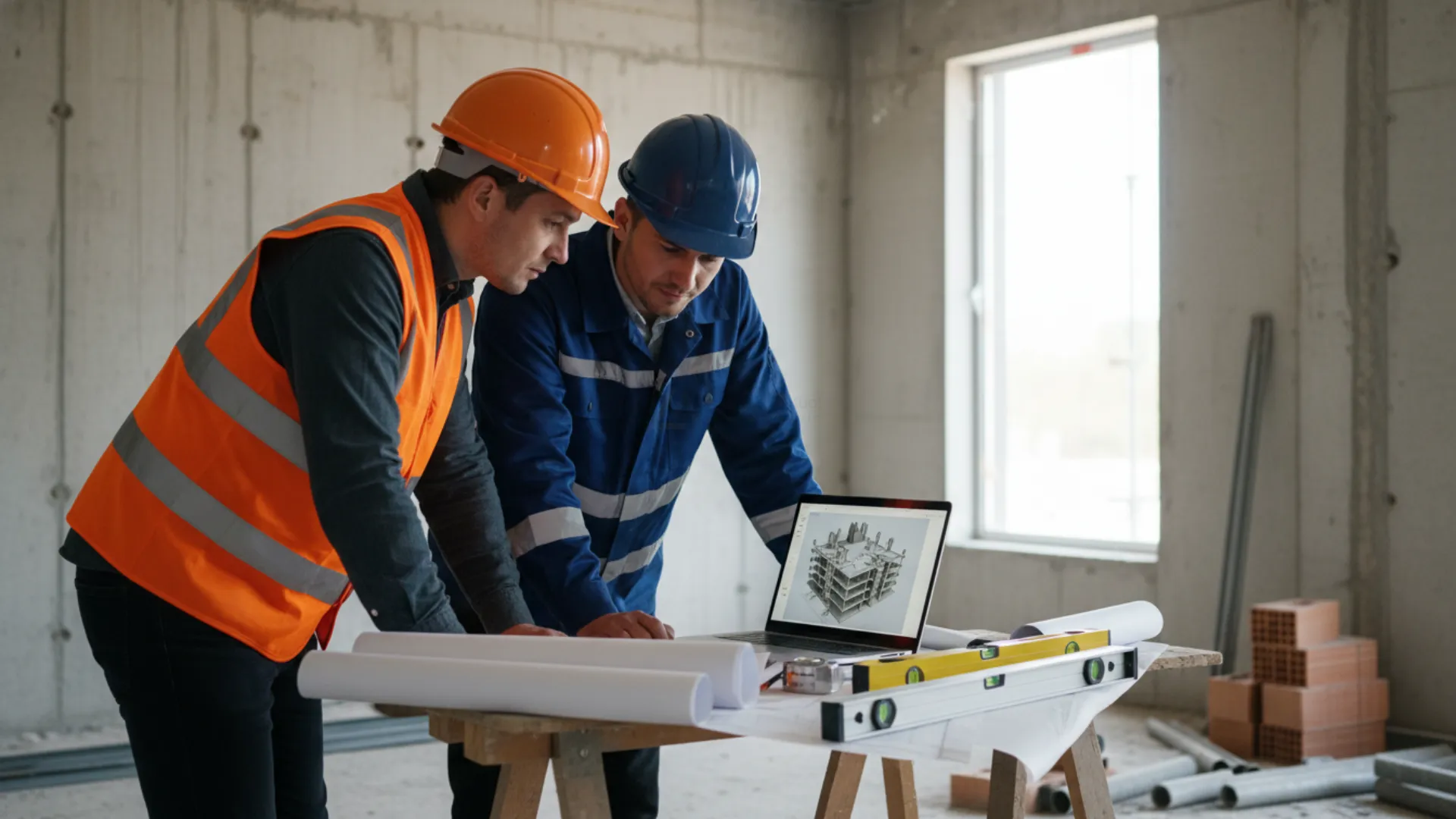 Dois engenheiros analisando modelo 3D BIM em notebook no canteiro de obras, cercados de plantas impressas e trena