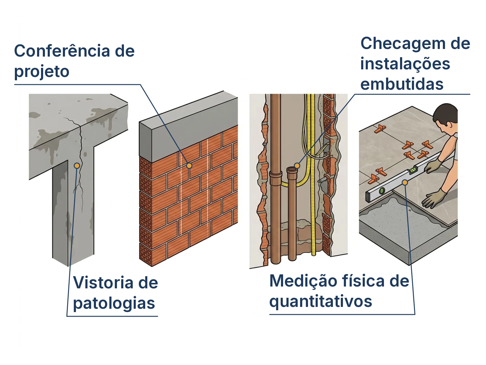 Esquema em sequência das 4 etapas de verificação técnica na obra residencial, da vistoria à medição.