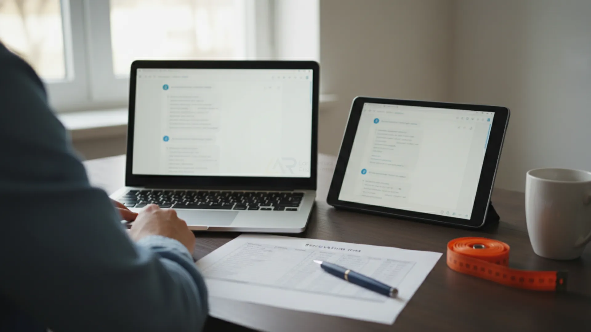 Vista sobre o ombro de pessoa comparando duas interfaces de IA em dispositivos lado a lado com folha de orçamento na mesa
