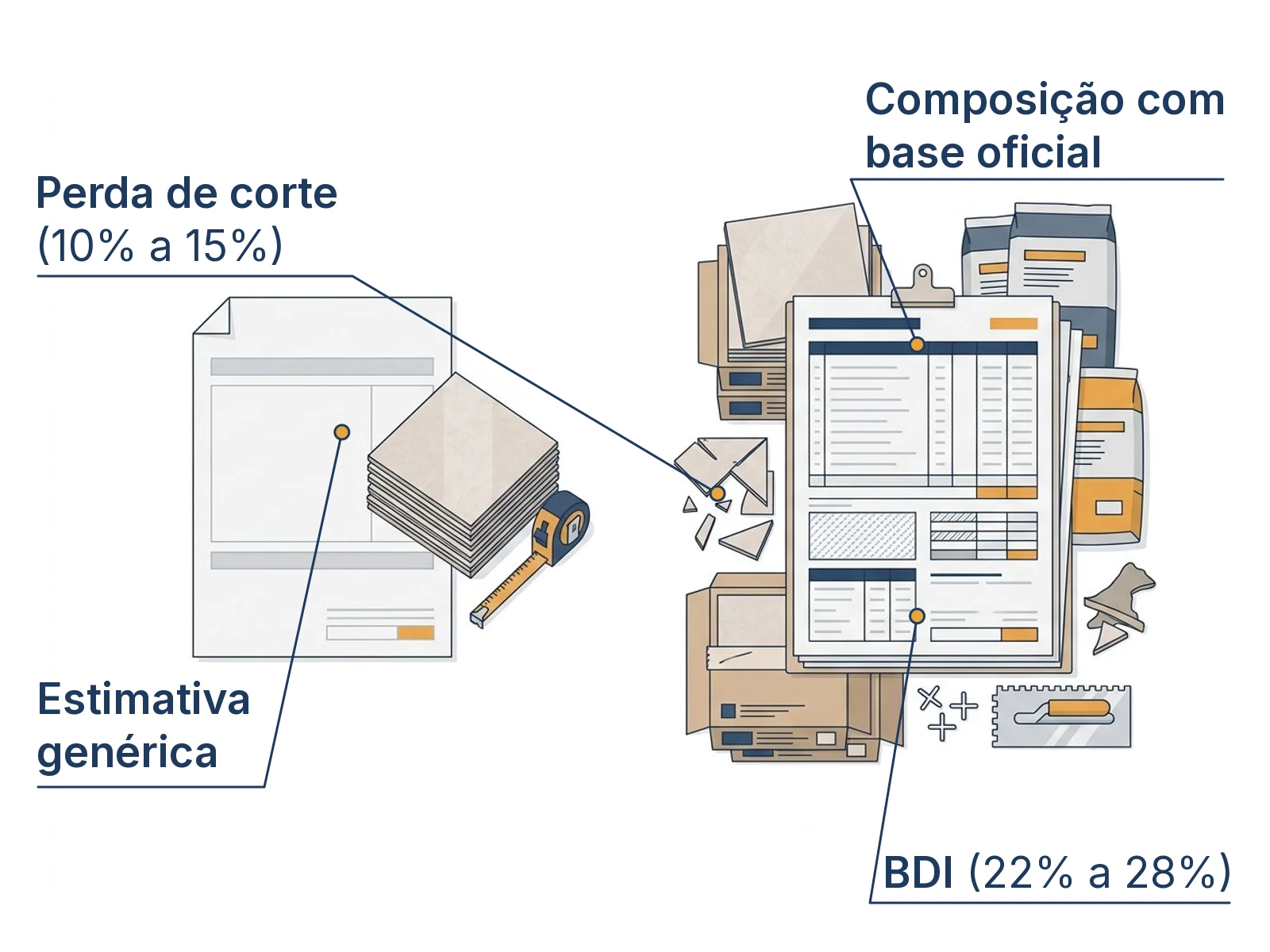 Comparativo lado a lado do mesmo piso orçado por estimativa genérica e por composição, com caixas de porcelanato