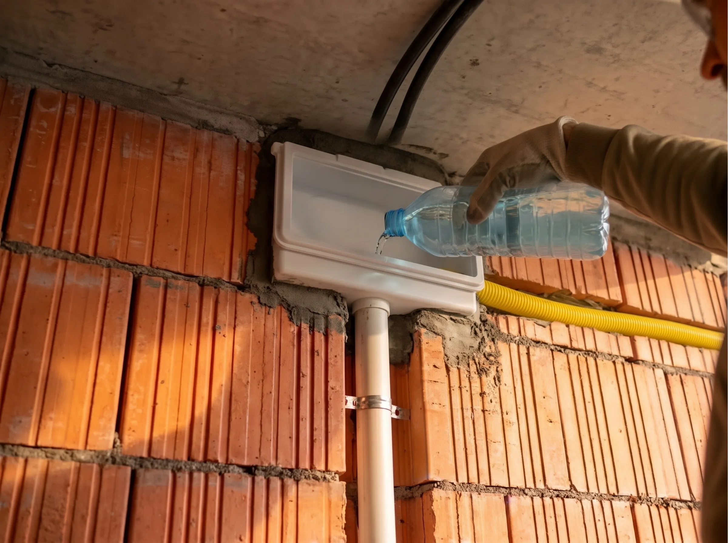 Técnico realizando teste de vazão com água no bocal de dreno da caixa de passagem de ar-condicionado na alvenaria
