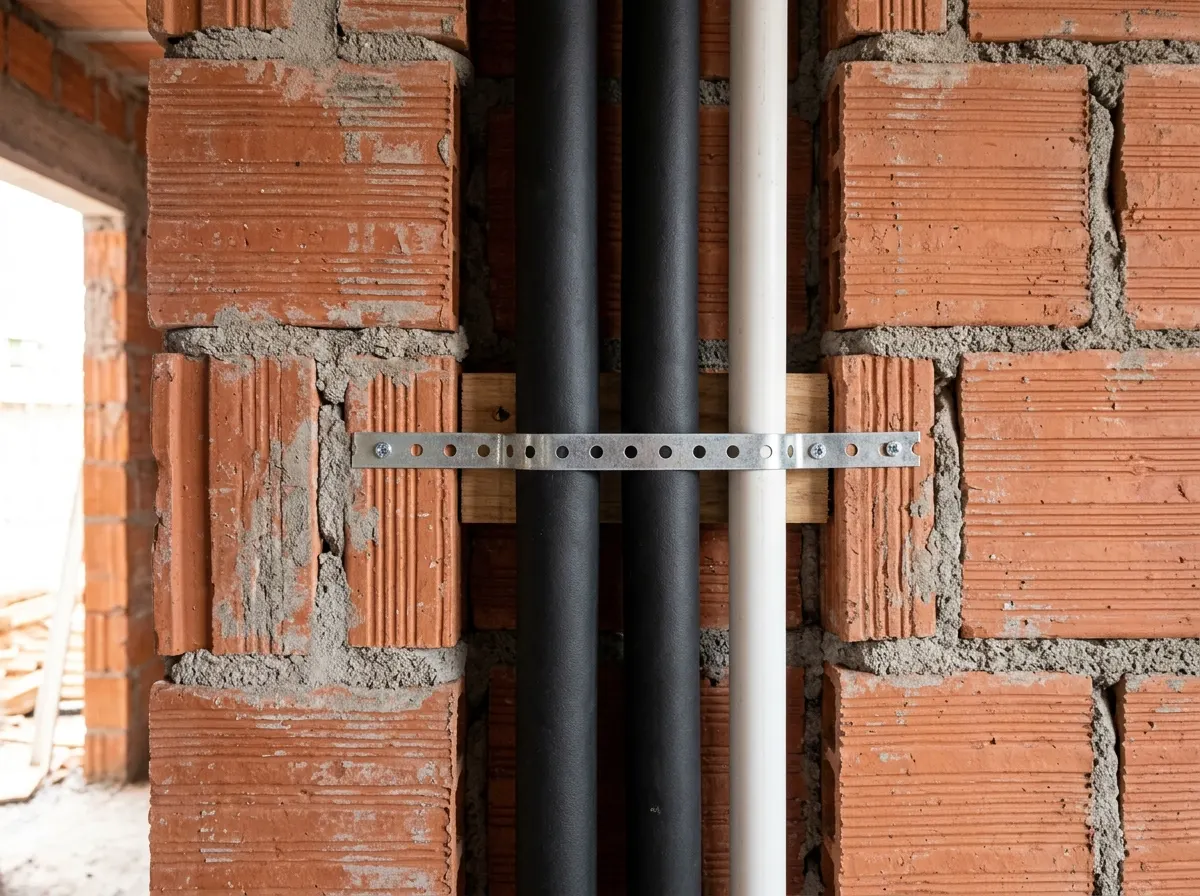 Duas linhas de cobre com isolamento elastomérico preto individual e dreno de PVC embutidos em corte de alvenaria