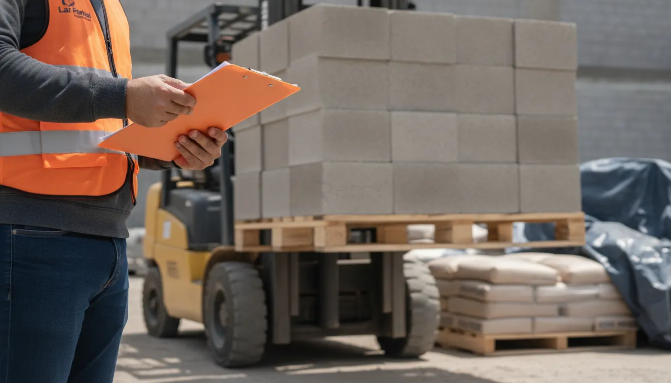 Engenheiro civil inspecionando a descarga e estoque de blocos de concreto e cimentos
