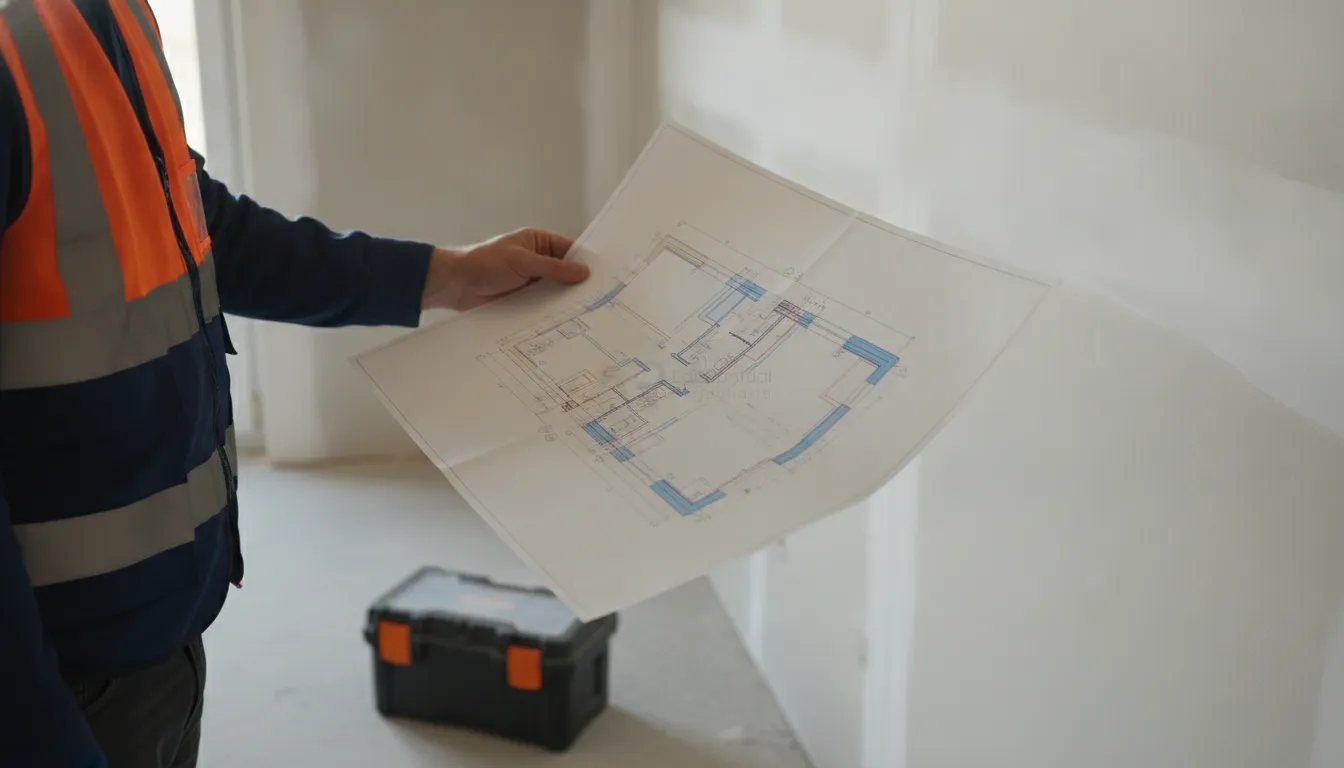 Arquiteto revisando as plantas técnicas integradas ao Manual do Proprietário de um apartamento.