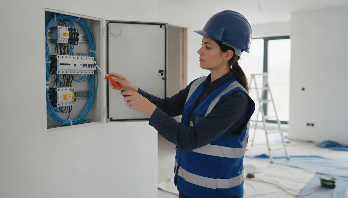 Engenheira civil inspecionando o quadro de disjuntores do apartamento com base nas especificações do manual.