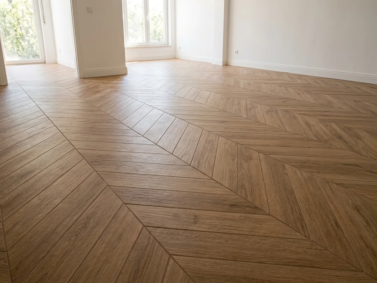 Piso com paginação espinha de peixe em réguas de porcelanato amadeirado assentadas em ângulo de 45 graus em sala integrada