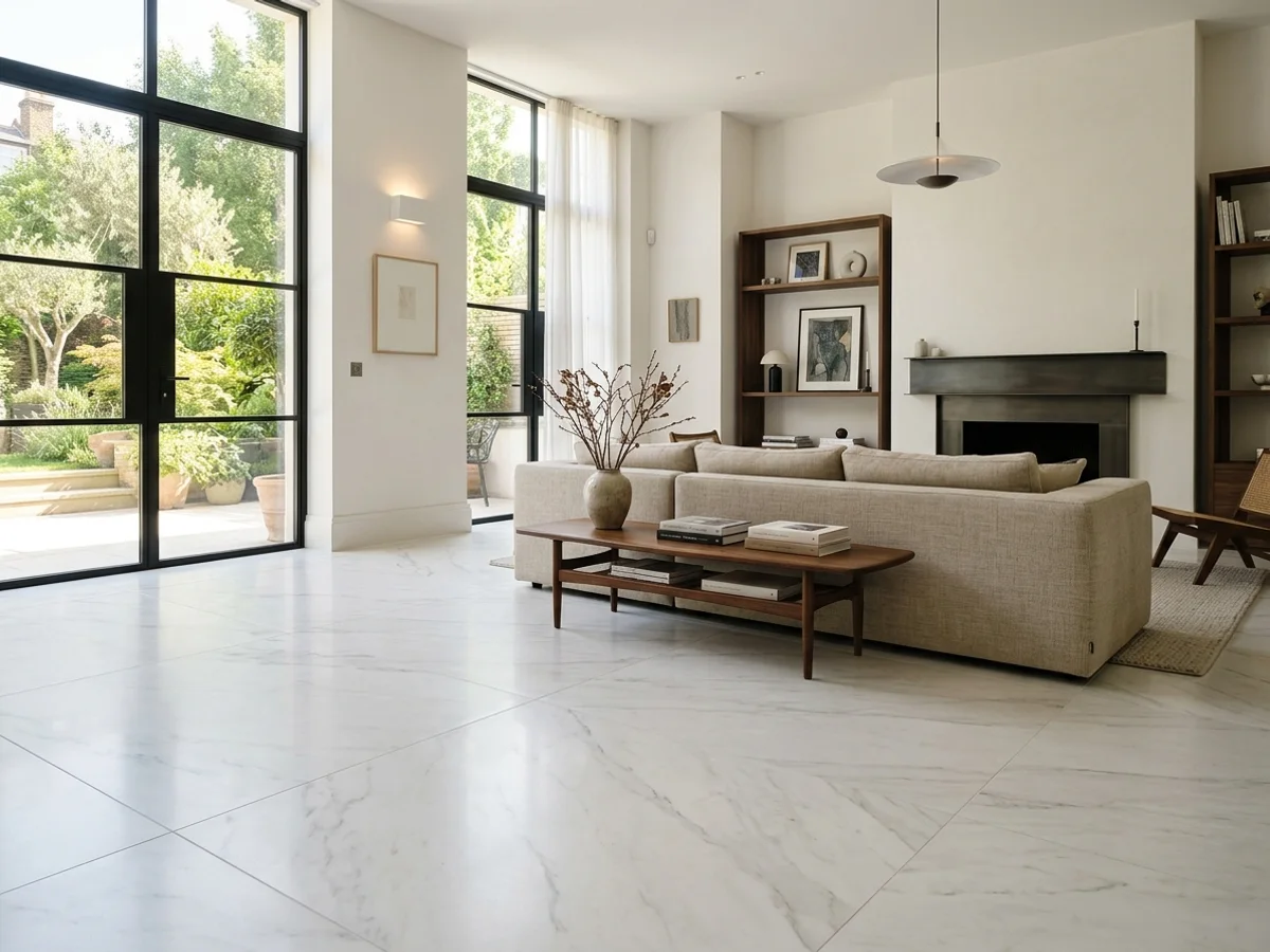 Sala de estar integrada com porcelanato de grande formato instalado com juntas quase imperceptíveis