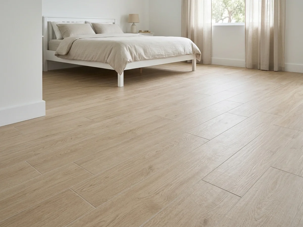 Piso de quarto com réguas de porcelanato amadeirado instaladas em paginação transpassada a 20% do comprimento