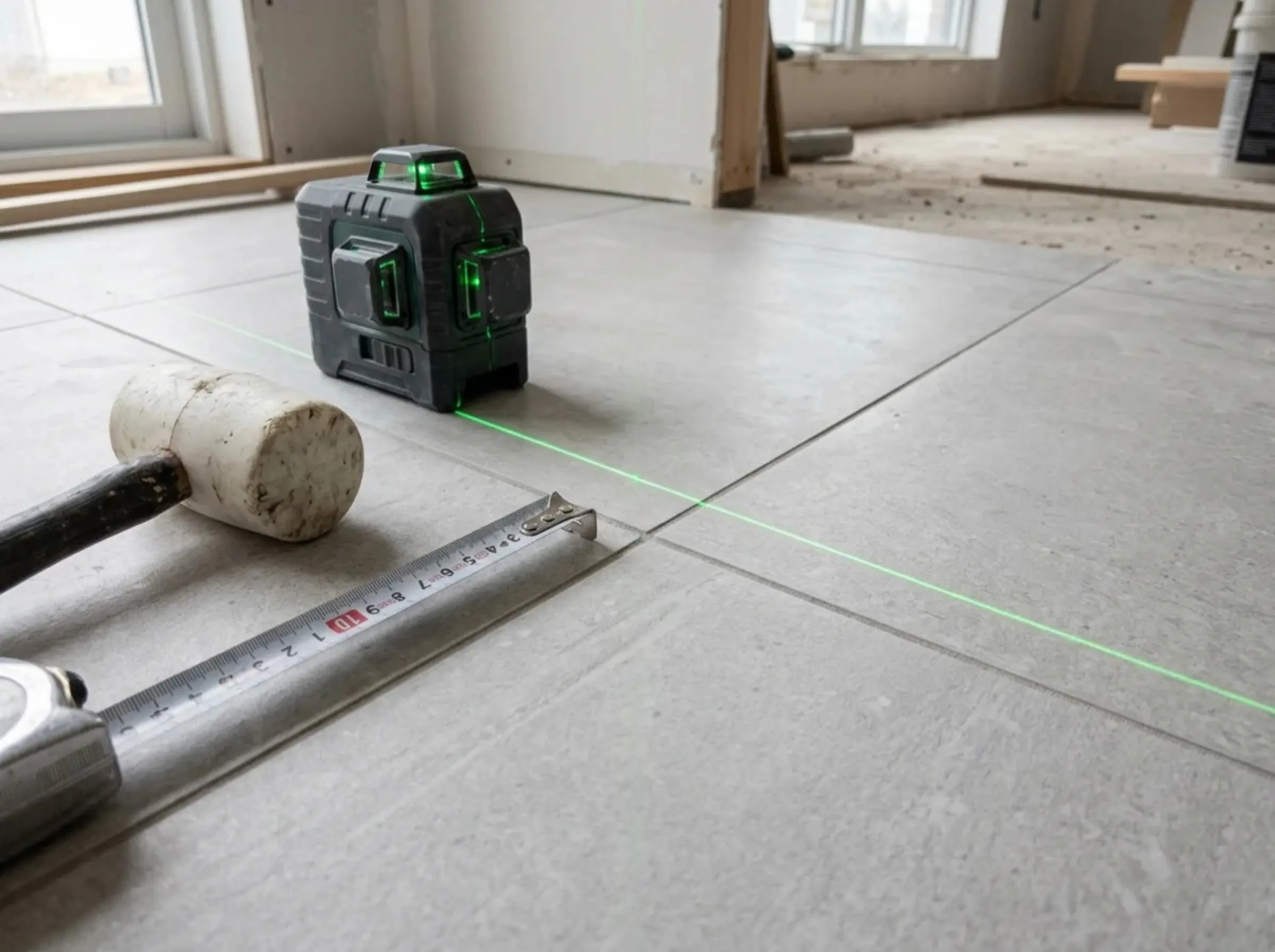 Nível a laser projetando linhas cruzadas sobre porcelanato retificado com martelo de borracha branco ao lado para ajuste