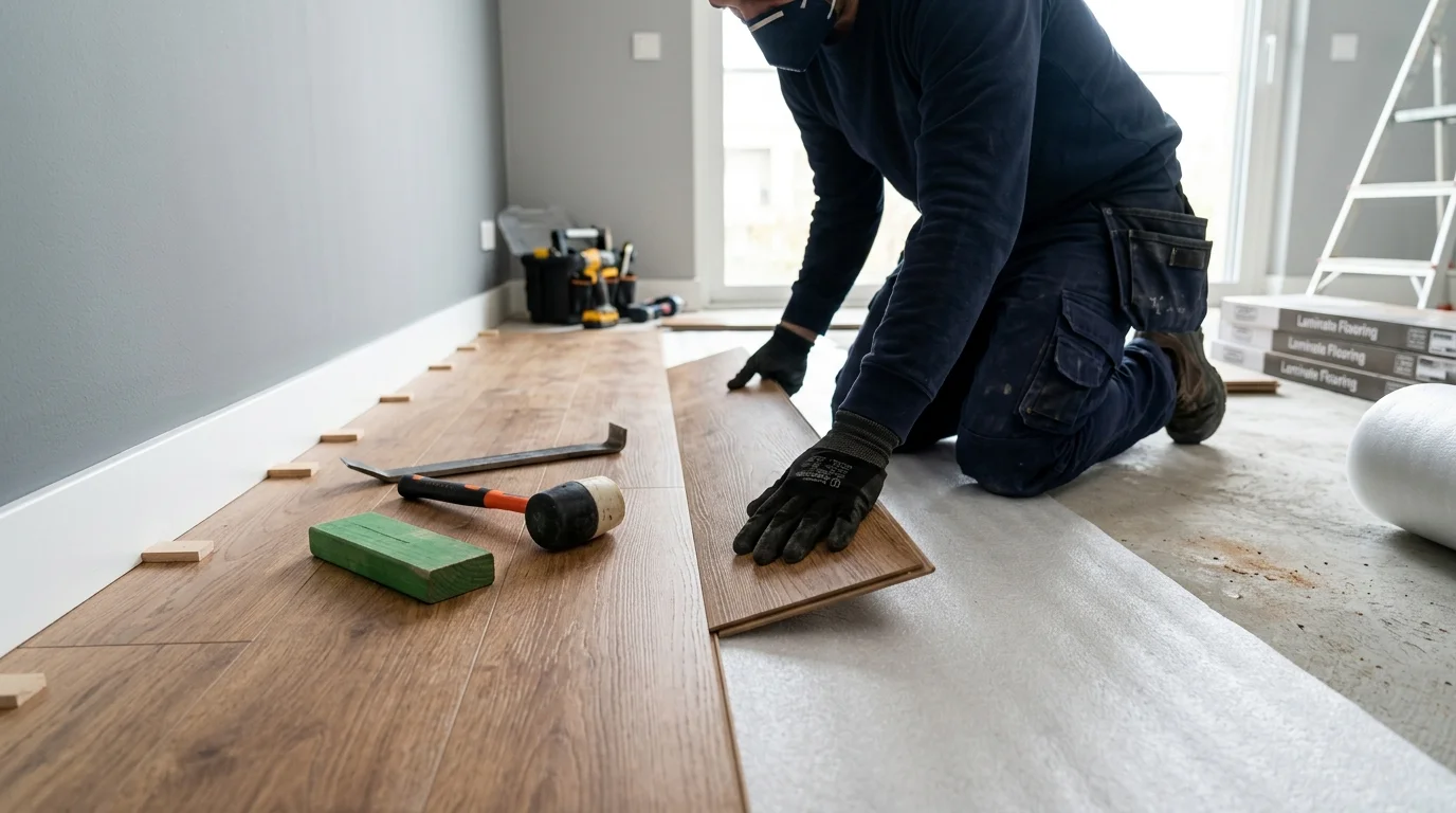 Instalador ajusta régua de piso laminado click sobre manta acústica com espaçadores perimetrais para dilatação da madeira.