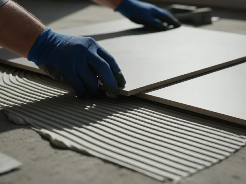 Instalador utilizando ventosa e niveladores plásticos para assentar placa grande de porcelanato acetinado no piso