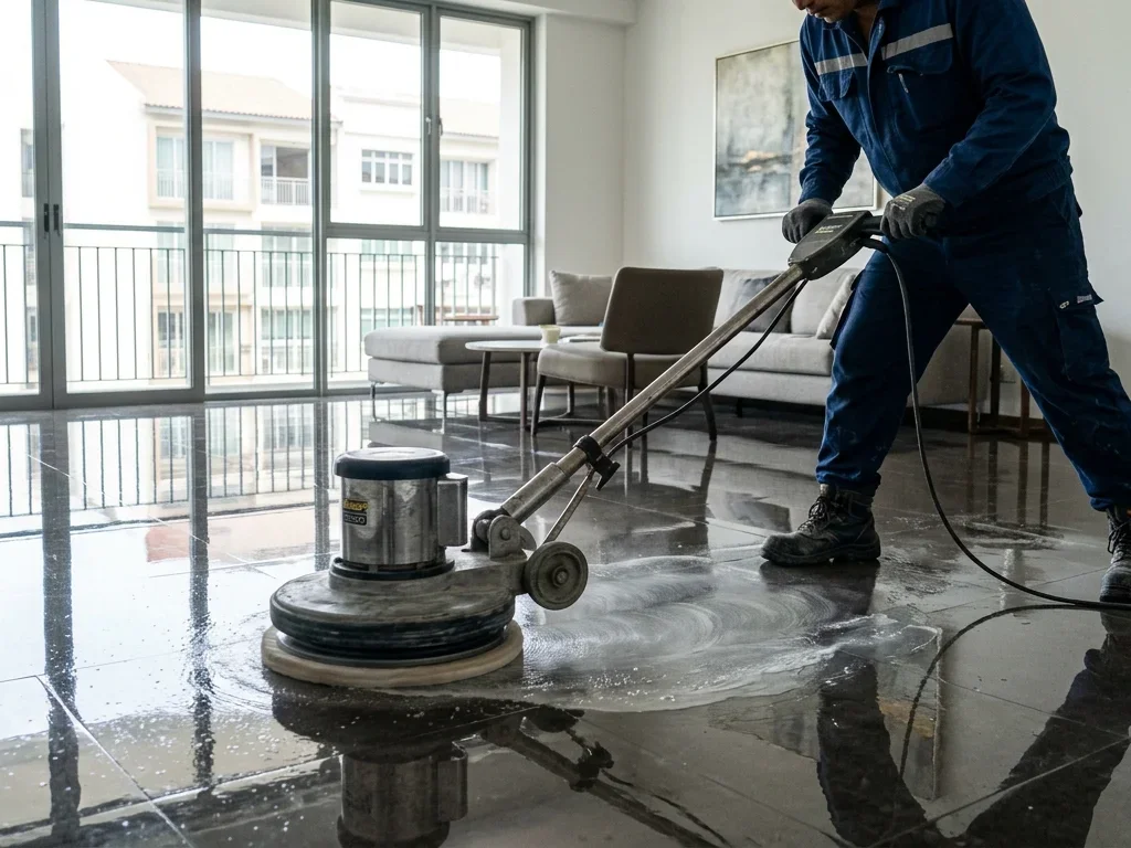 Inspeção técnica em ângulo rasante da superfície de porcelanato sobre cavalete de obra com régua e trena