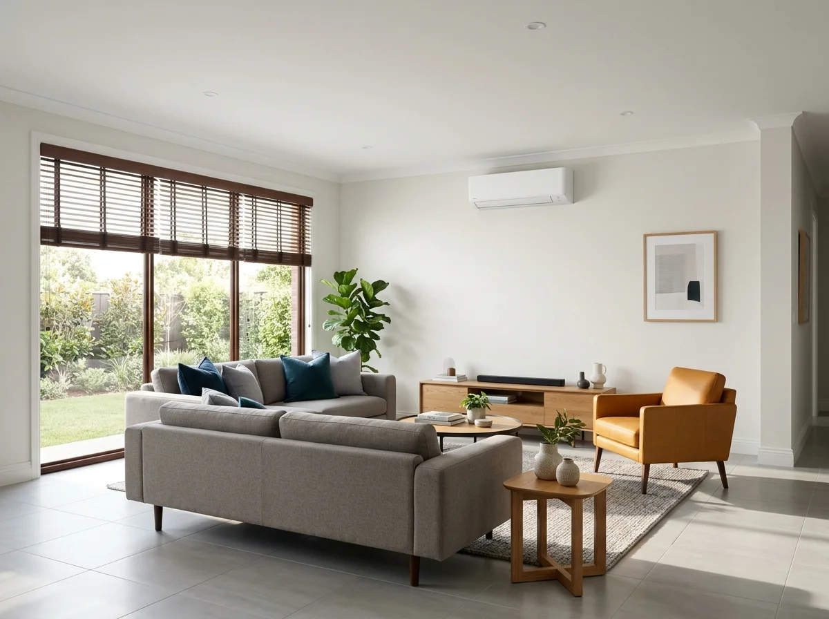Sala de estar integrada com split instalado próximo ao teto em ambiente com janela ampla