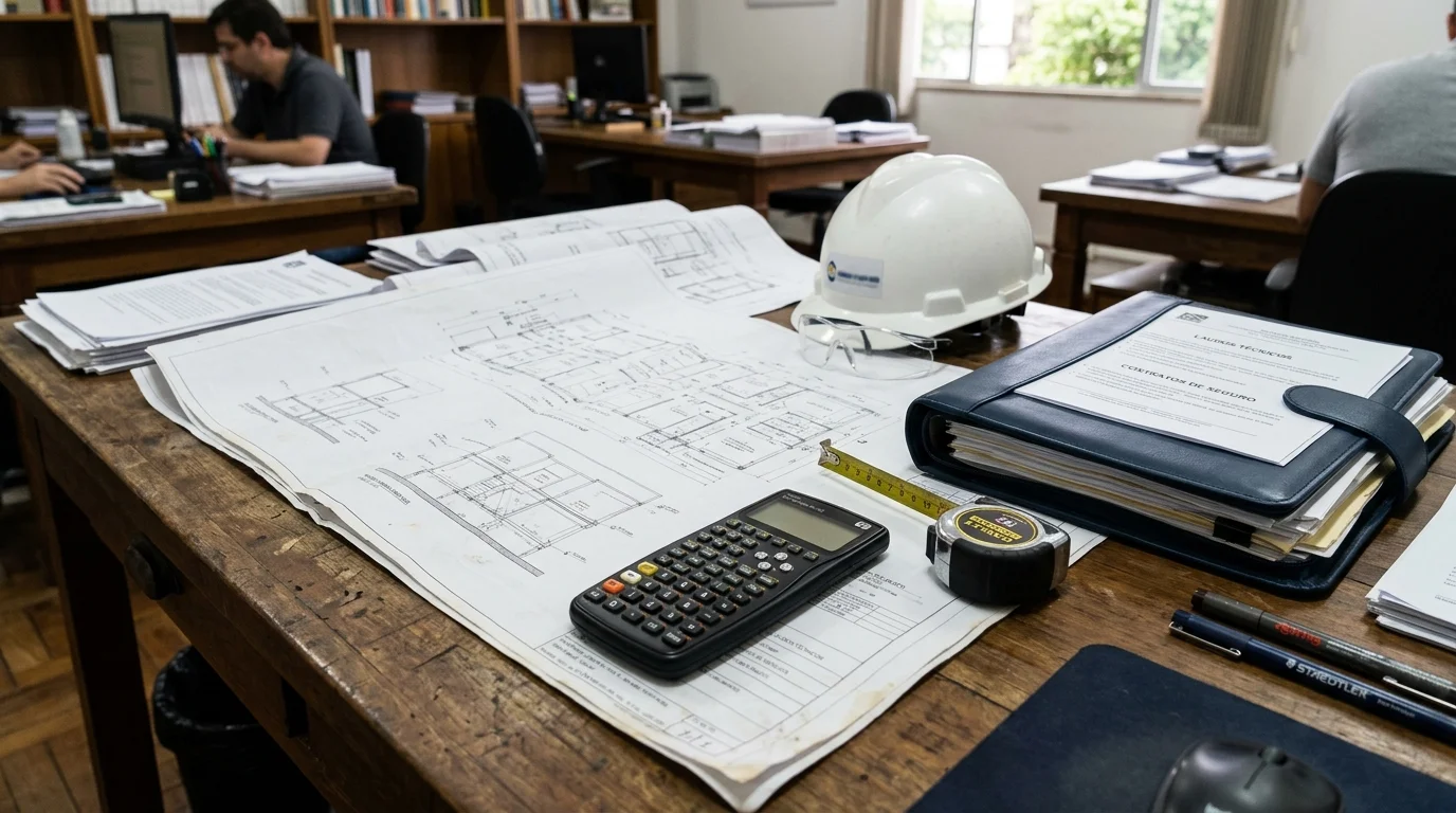 Mesa técnica com projetos arquitetônicos, laudos periciais e documentação da apólice de seguro de engenharia.