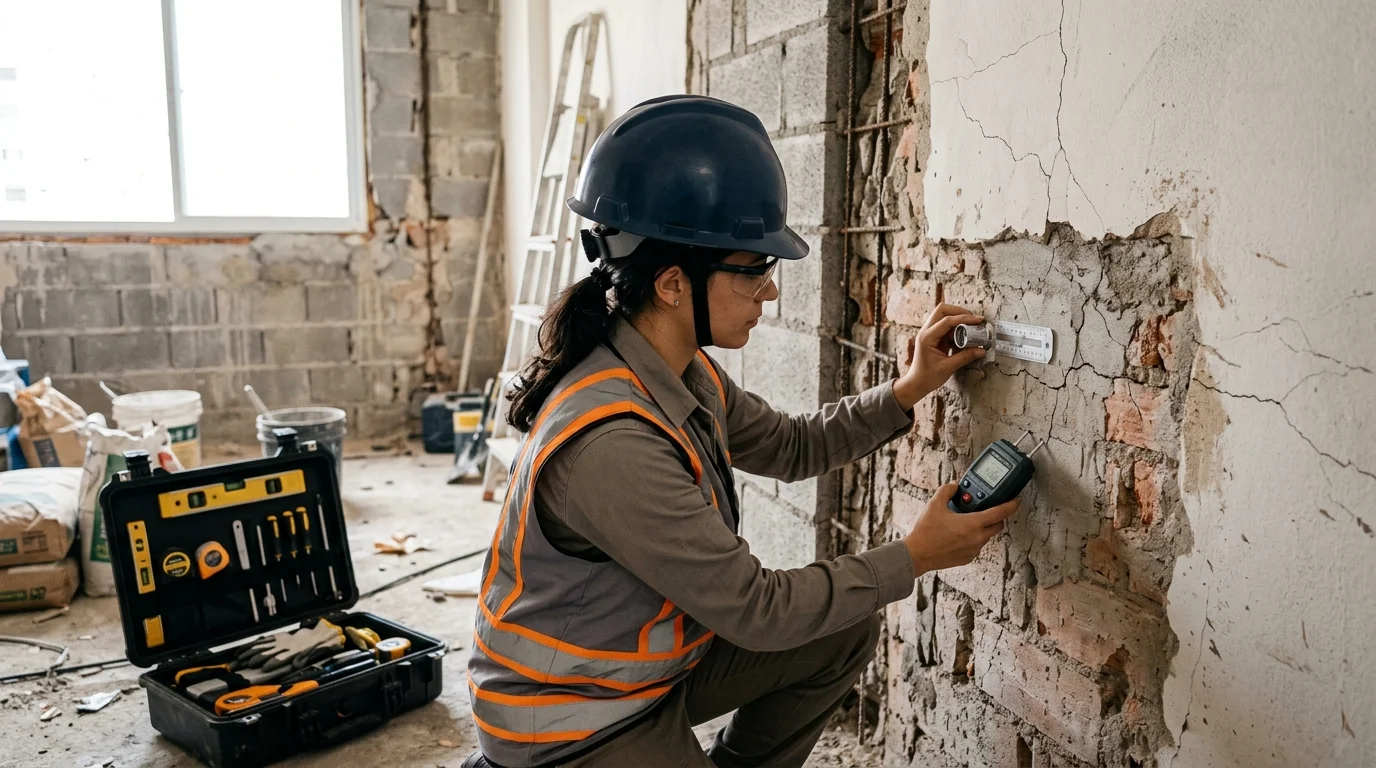 Engenheira perita inspeciona fissura em parede para regulação técnica de sinistro em canteiro residencial.