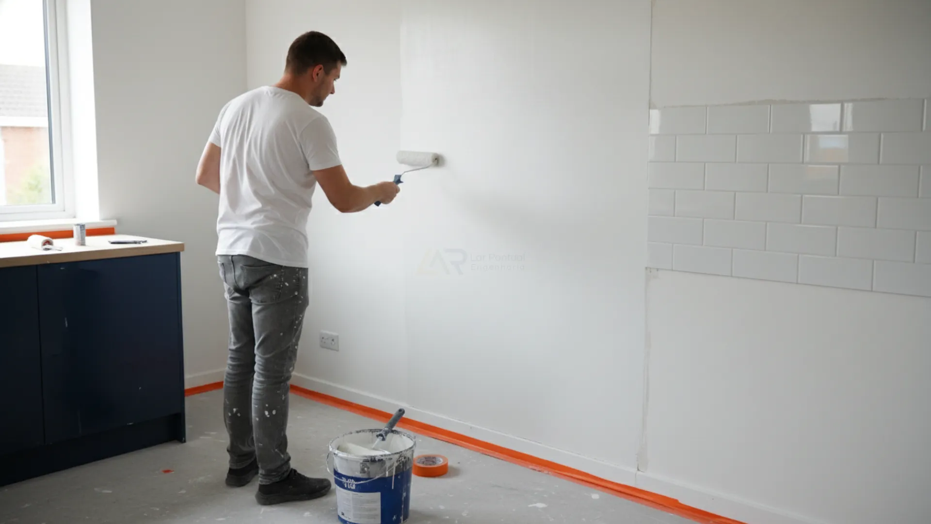 Pintor aplicando tinta acrílica em parede de cozinha em reforma com metade da parede já pintada mostrando cobertura