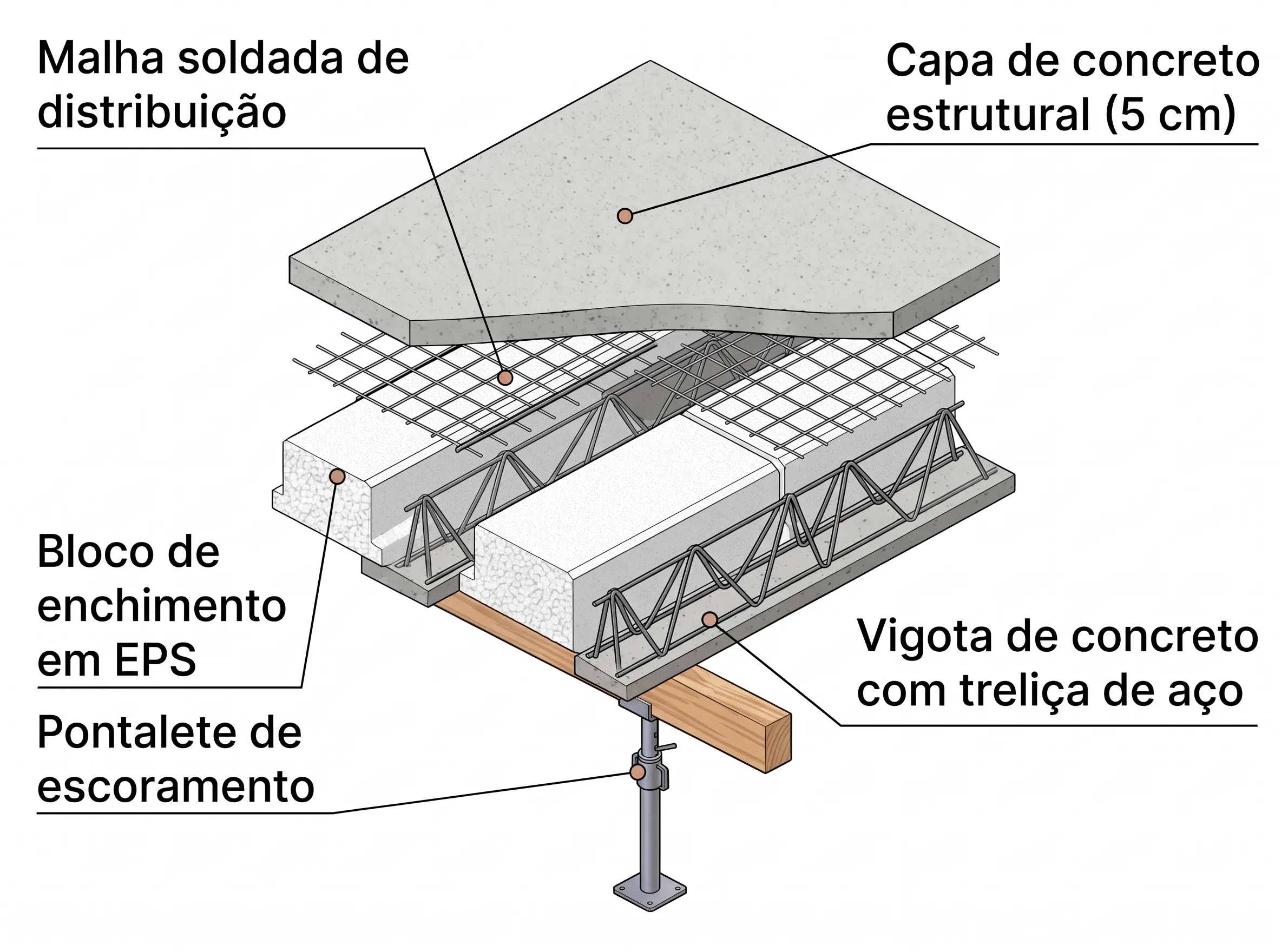 Corte isométrico das 5 partes principais de uma laje treliçada pré-moldada residencial