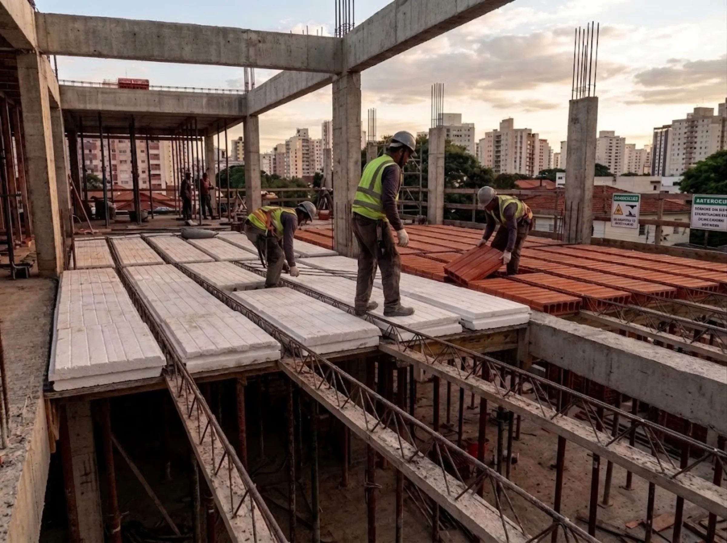 Laje treliçada em montagem com contraste entre fileiras de blocos de EPS isopor e lajotas cerâmicas sobre vigotas