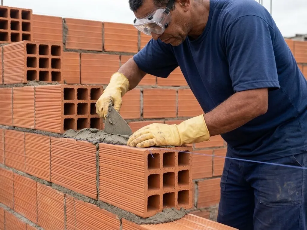 Pedreiro assentando bloco cerâmico de 8 furos com colher de pedreiro e fio guia de nível