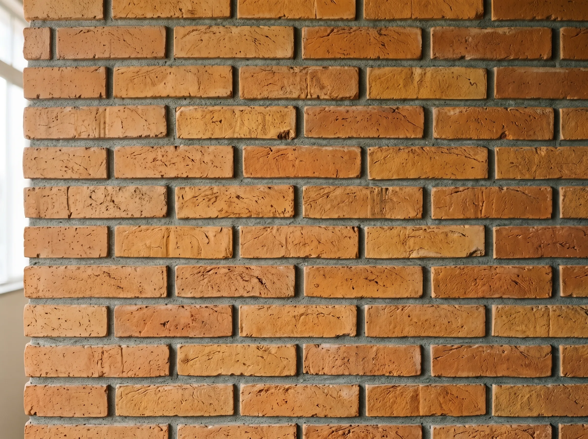 Parede de tijolo cerâmico maciço aparente com paginação amarrada e junta de argamassa frisada