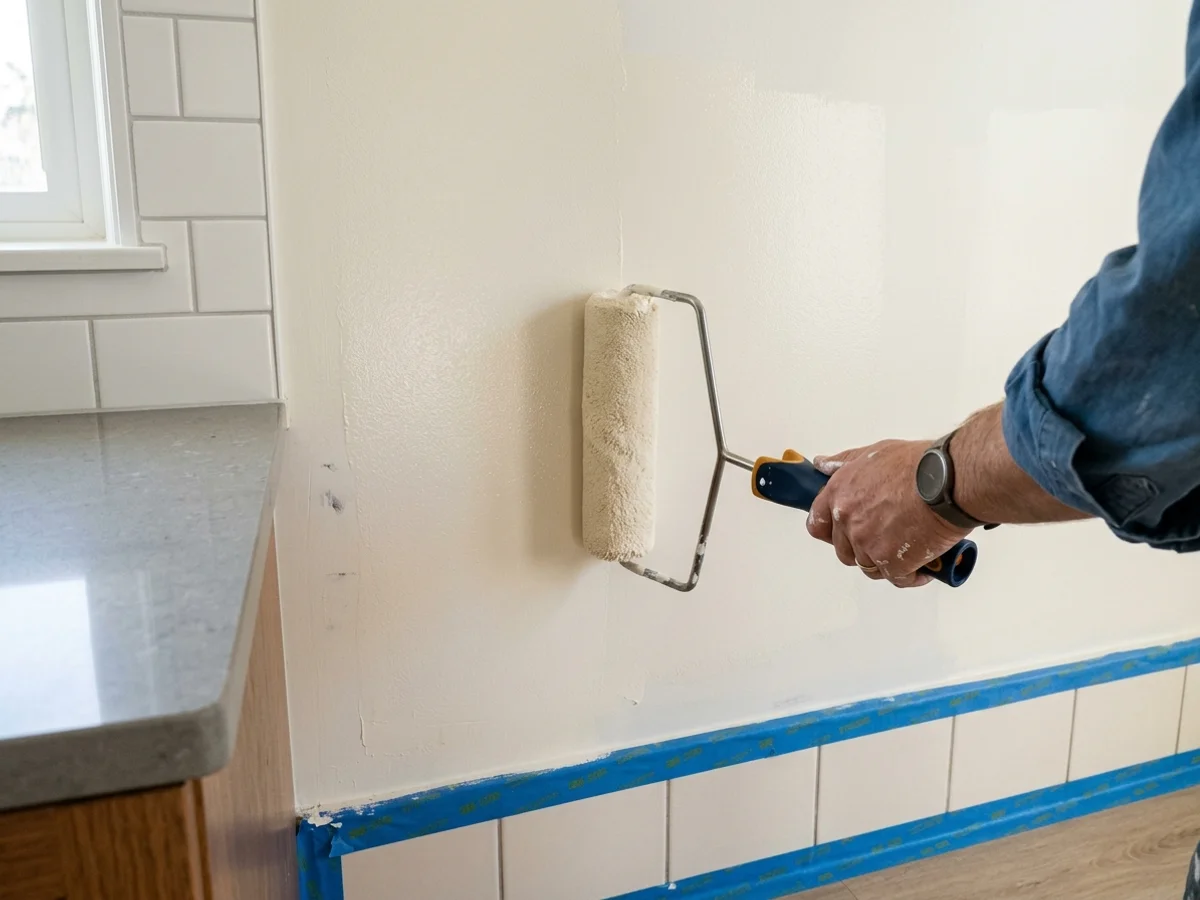 Aplicação de tinta acrílica acetinada com rolo de microfibra em parede de cozinha reformada