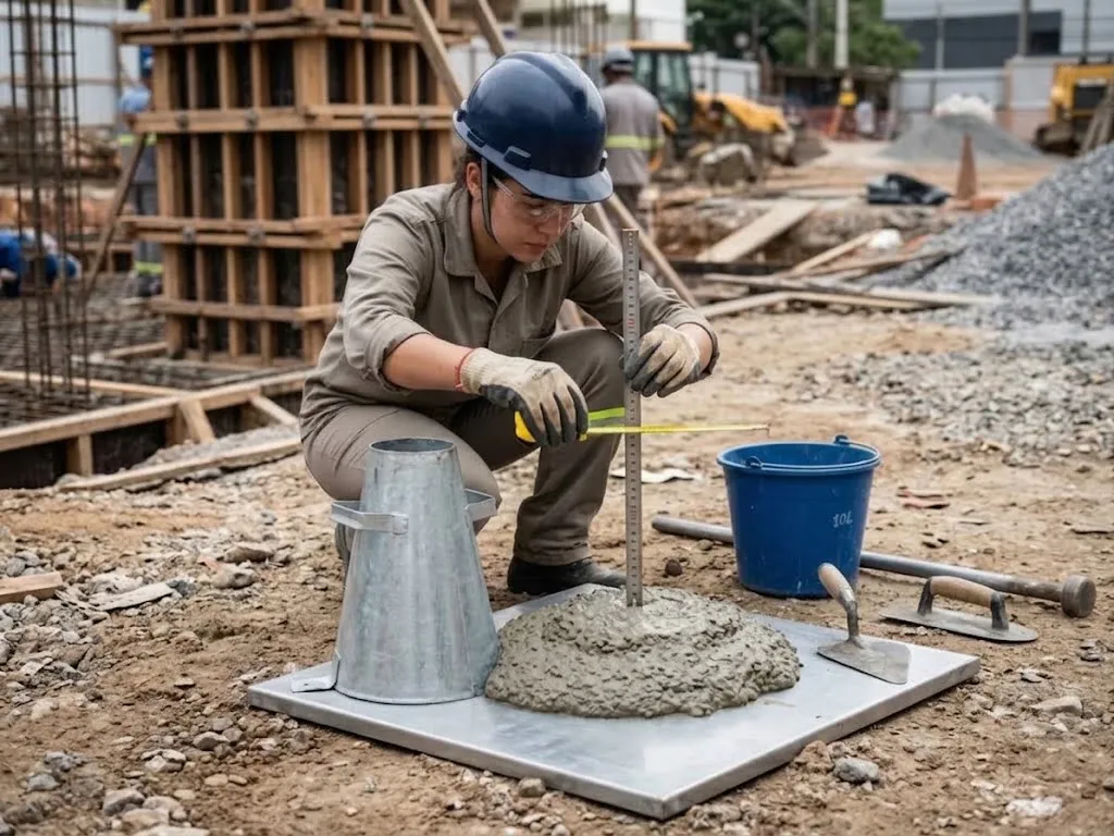 Técnico realizando ensaio de abatimento de tronco de cone slump test em chapa metálica de canteiro de obras