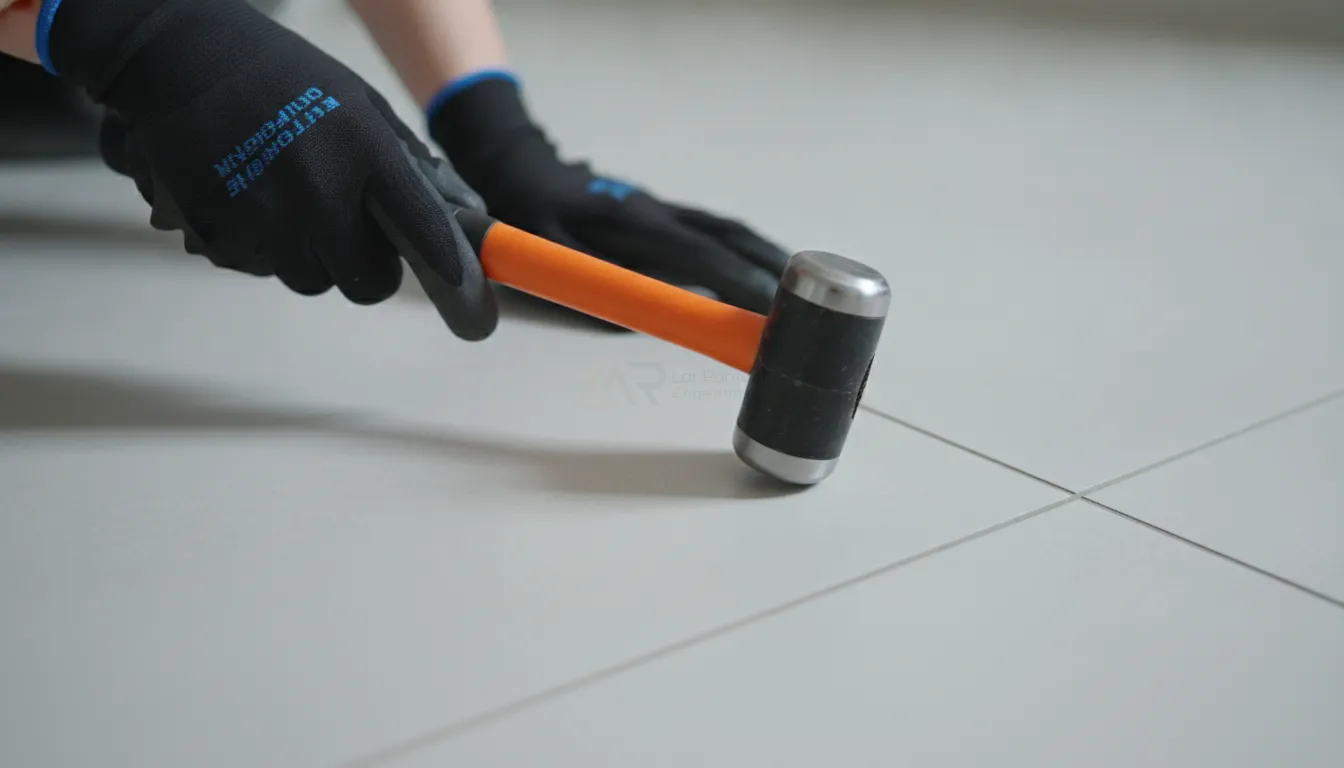 Inspeção de som oco em piso porcelanato com martelo de percussão profissional