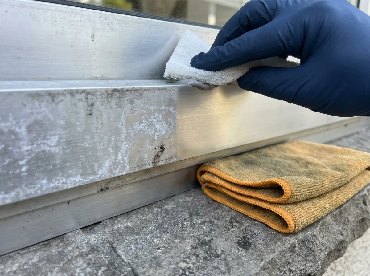 Polimento de perfil de alumínio oxidado com fibra sintética não abrasiva e pasta desoxidante em esquadria