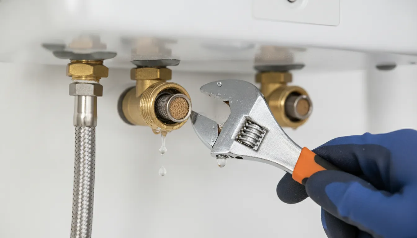 Desconexão do flexível metálico para inspeção e limpeza do filtro de entrada de água fria do aquecedor