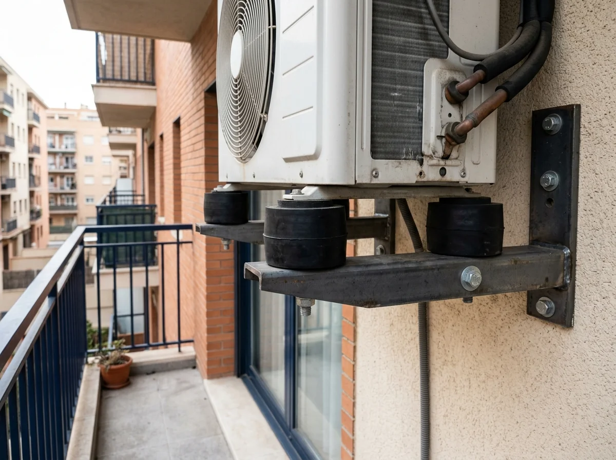 Condensadora externa instalada em suporte metálico com calços amortecedores de borracha antivibração