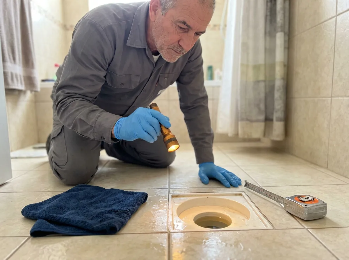 Técnico com luvas azuis inspecionando o fecho hídrico e a caixa sifonada aberta no piso do banheiro