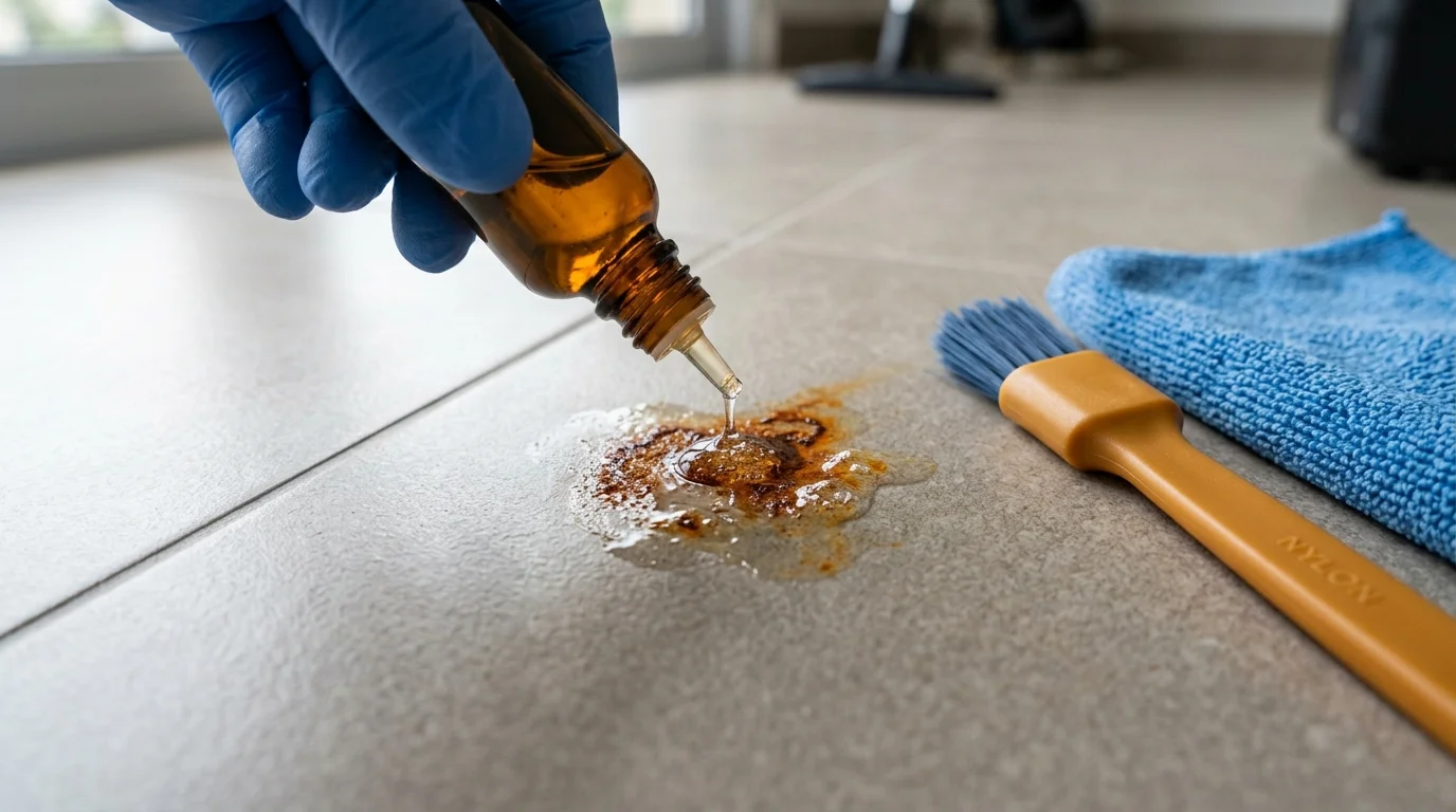 Aplicação de removedor quelante em gel translúcido diretamente sobre a oxidação ferrosa com pincel de cerdas de nylon macio.