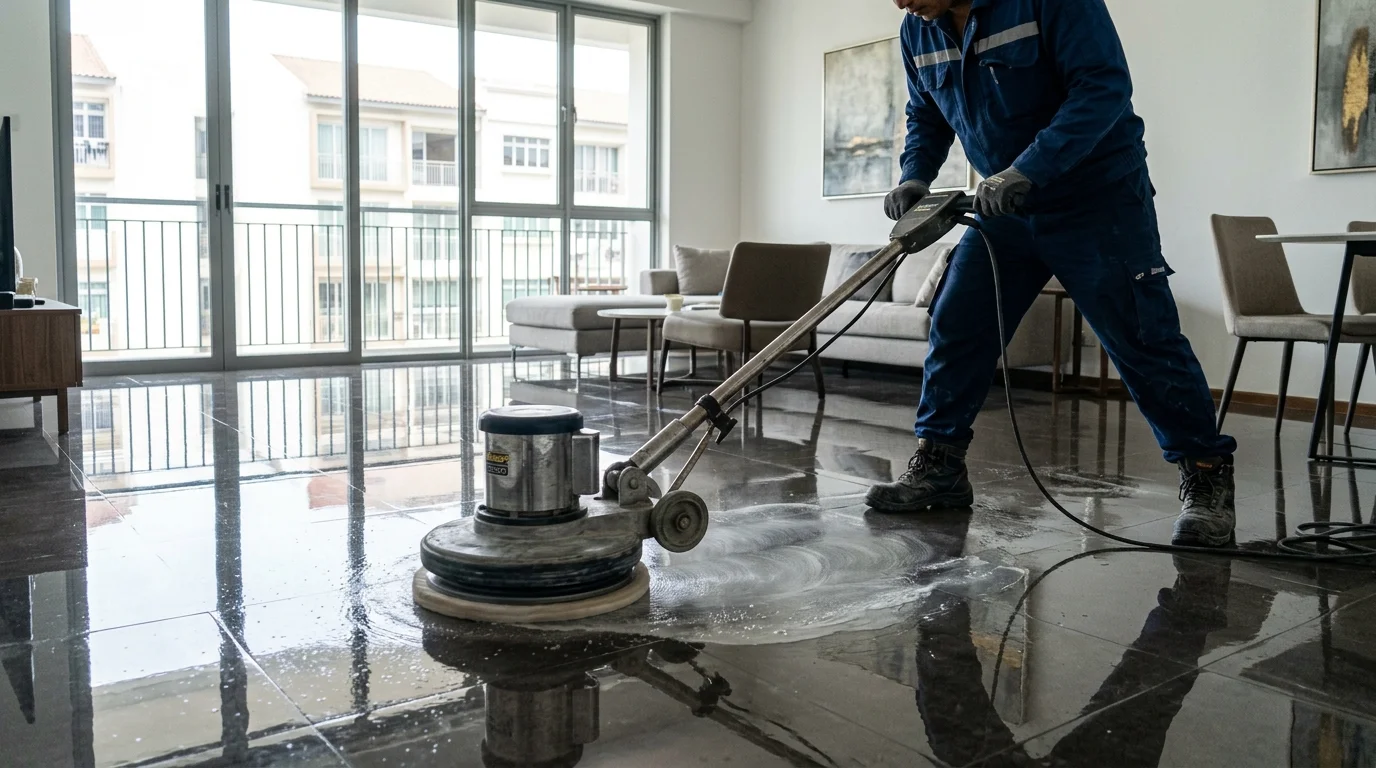 Restauração de brilho espelhado com politriz rotativa de piso e pasta diamantada após queima química no esmalte.