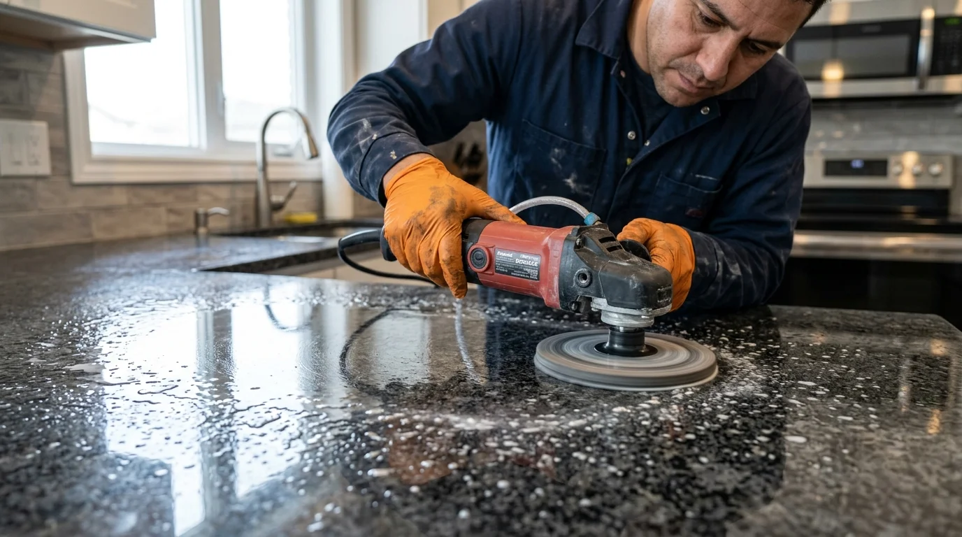 Restauração de brilho em granito com politriz rotativa a úmido e discos diamantados resinados após queima química.