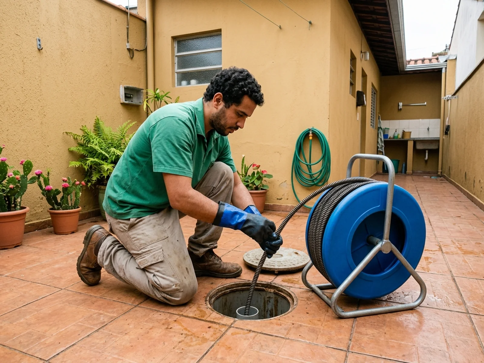 Máquina desentupidora manual com tambor rotomoldado azul posicionada junto a caixa de inspeção de esgoto