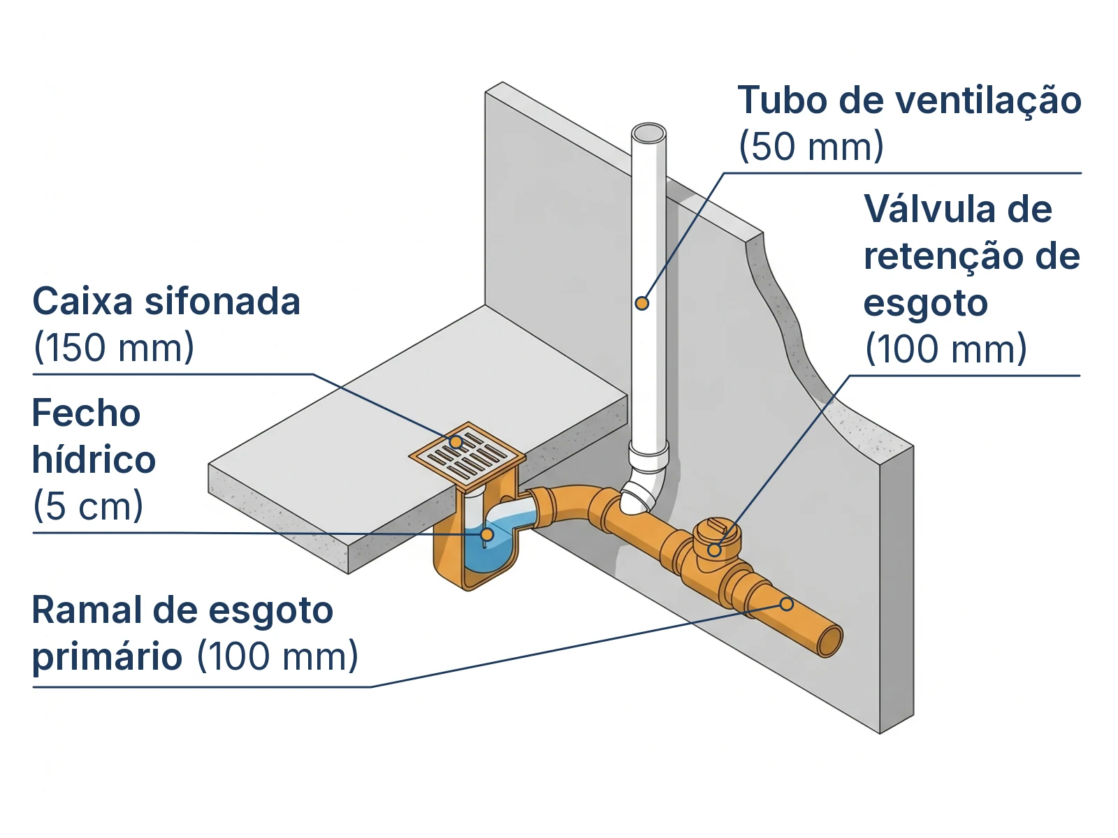 Diagrama isométrico em corte do sistema de esgoto sanitário residencial com caixa sifonada e válvula anti-refluxo