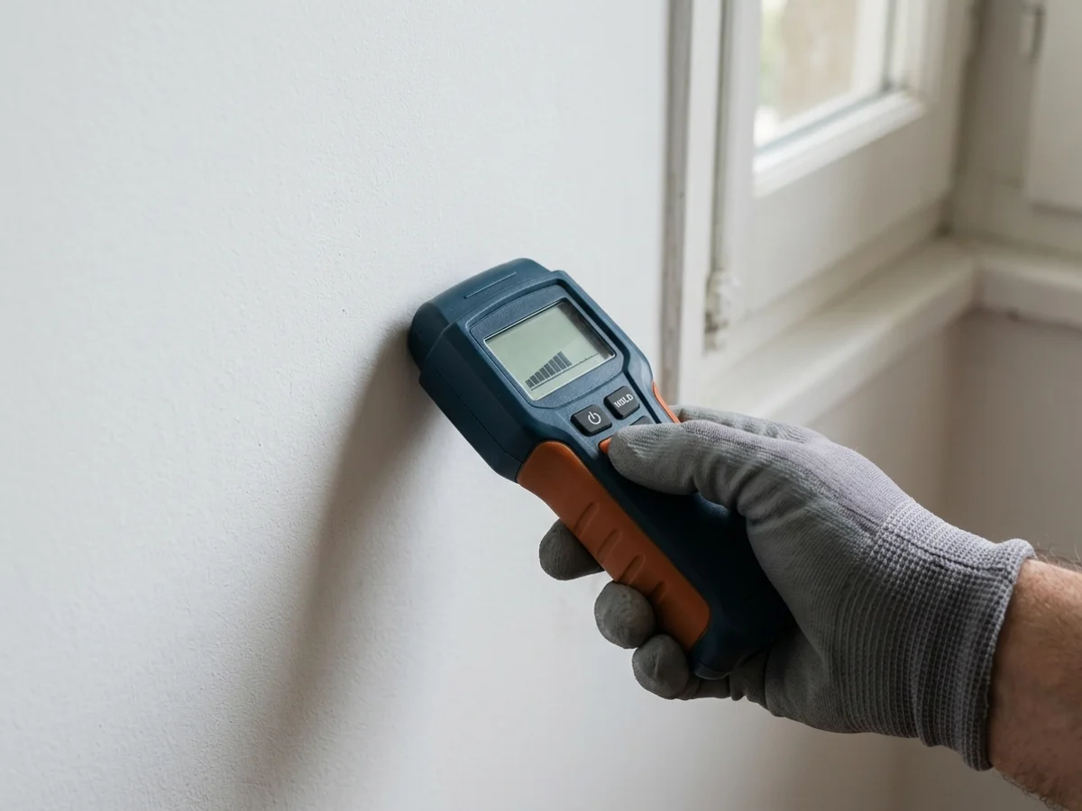 Sensor de medidor de umidade digital encostado em parede de alvenaria para teste não destrutivo