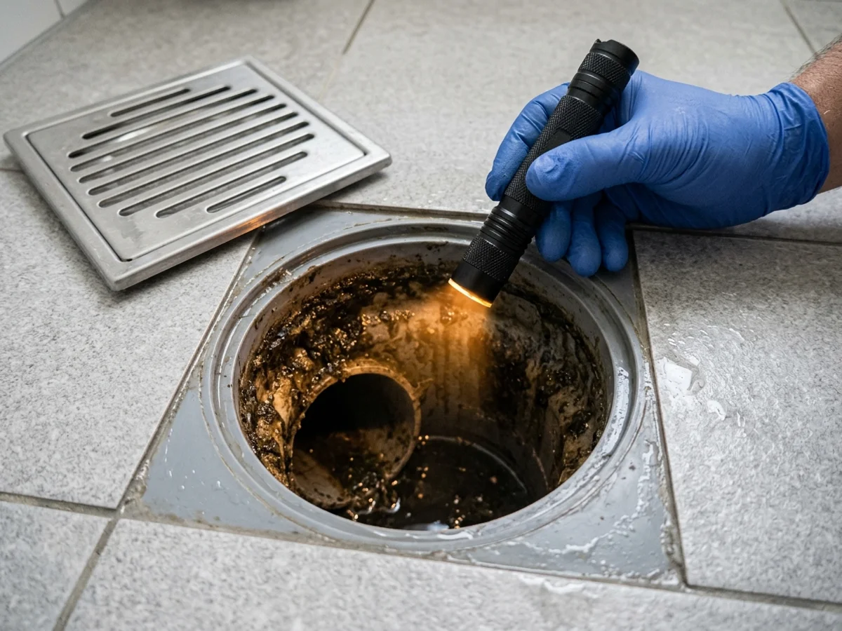 Técnico com luvas azuis inspecionando bocal de ralo aberto com lanterna e revelando biofilme orgânico