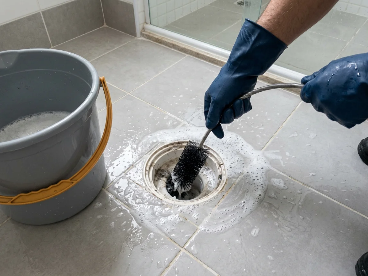 Manutenção preventiva com escova cilíndrica de cerdas de nylon limpando o interior do bocal do ralo