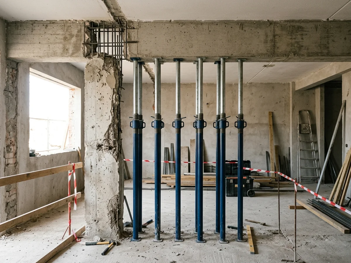 Torres de escoras metálicas reguláveis sustentando viga de concreto ao lado de pilar em recuperação estrutural