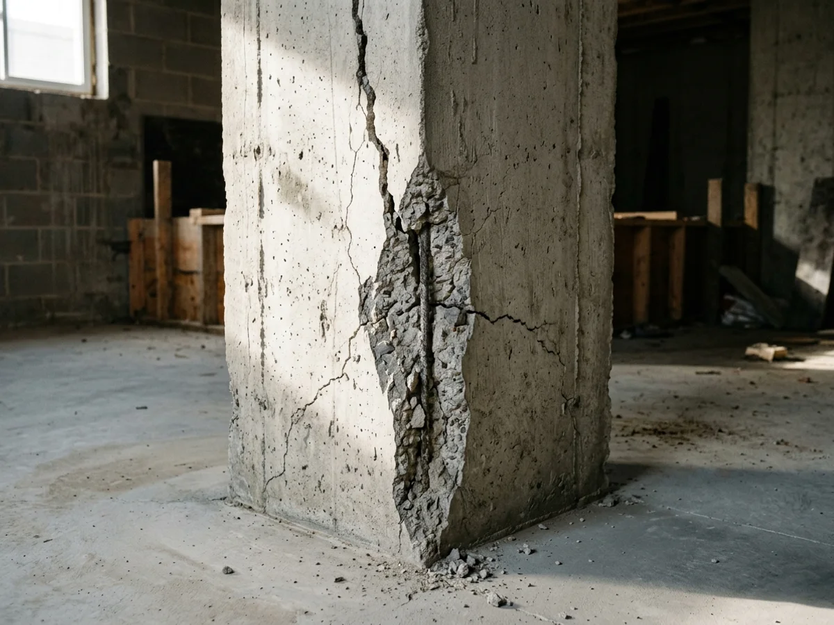 Pilar de concreto armado com fissura vertical de compressão e destacamento do cobrimento na quina