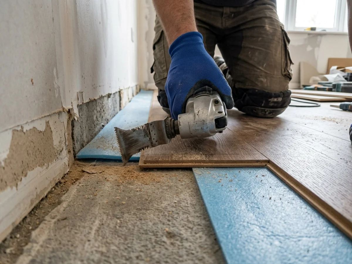 Instalador cortando junta de dilatação em régua de piso laminado com multicortadora oscilante rente à parede