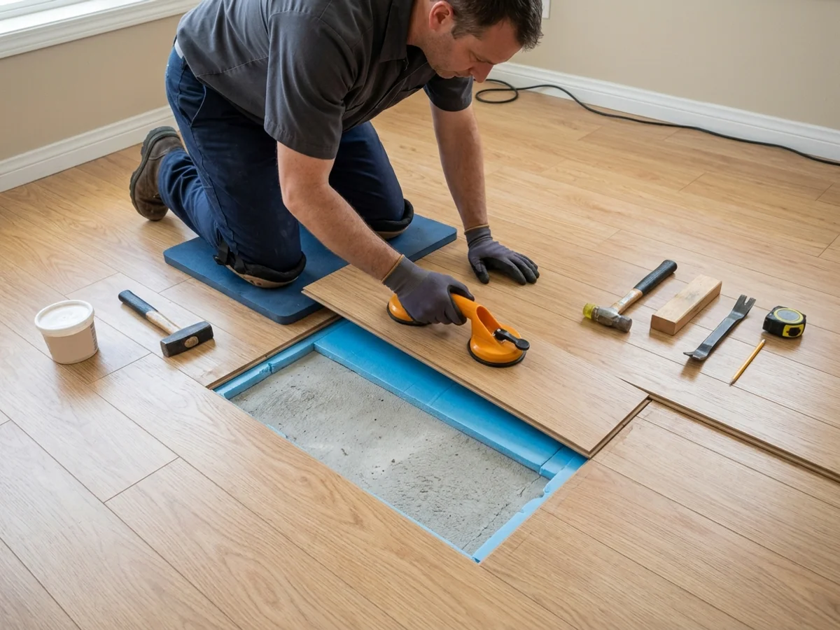 Técnico instalando régua de piso laminado nova com ventosa dupla sobre manta isolante em substituição pontual