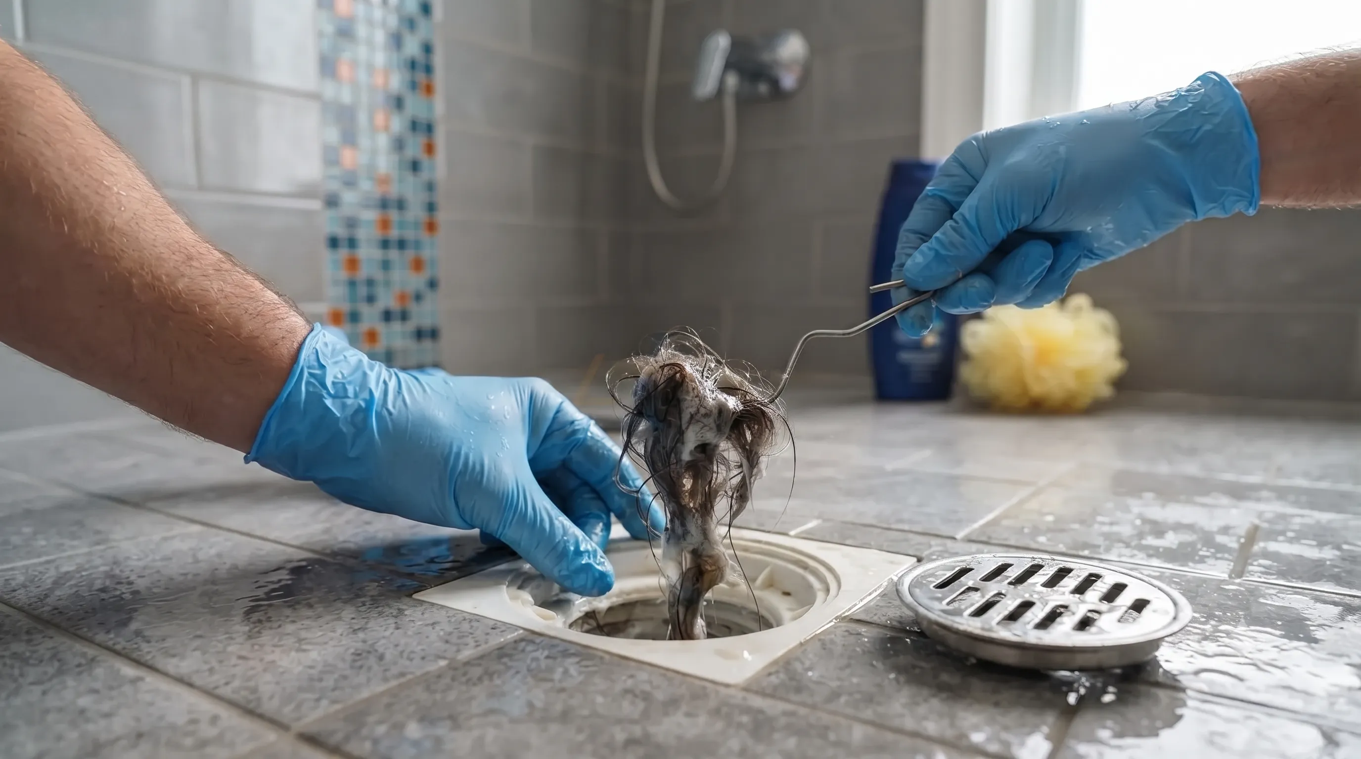 Extração manual de fios de cabelo do ralo do banheiro utilizando luvas de proteção.